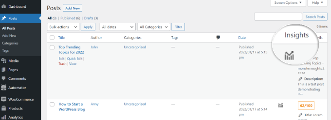 View insights column in dashboard