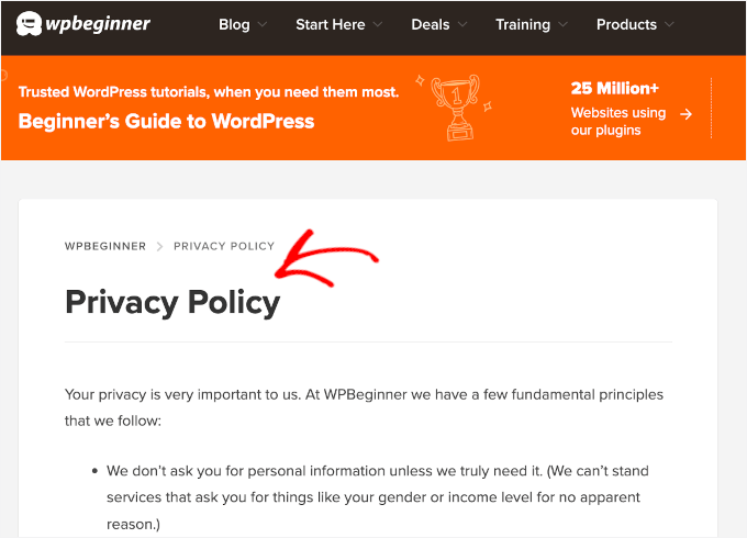 WPBeginner's Privacy Policy page WPBeginner's Privacy Policy page
