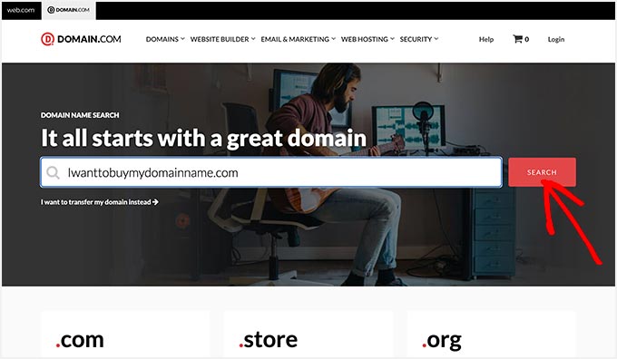 The Domain.com website with search bar