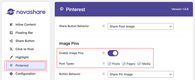 Enabling Image Pins in Novashare