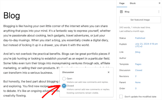Closing the discussion in a WordPress page