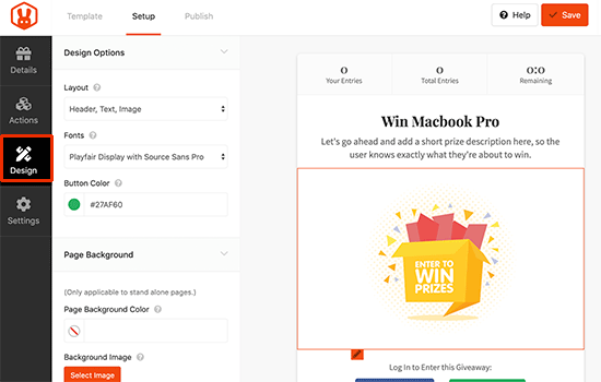 Design settings for your giveaway