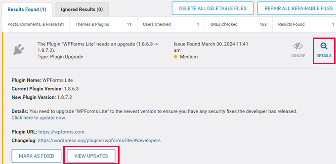 Example of Wordfence scan result reporting an issue