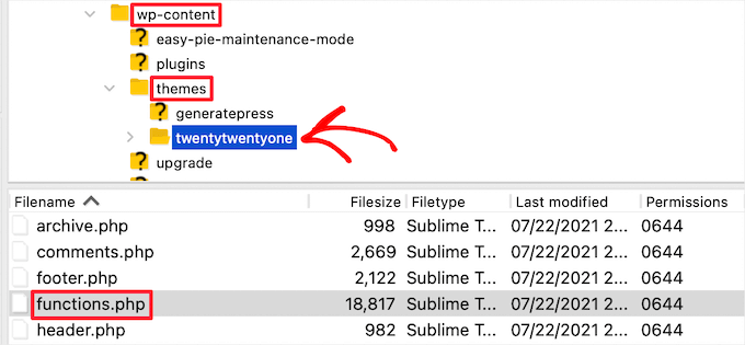 Locate functions.php file via FTP