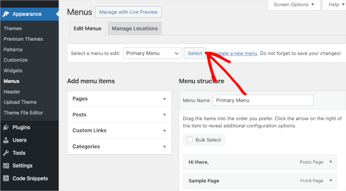 The WordPress menu settings