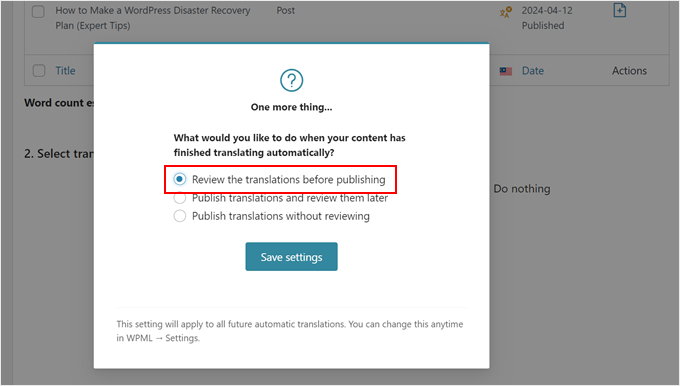 Choosing how to review the translation with the WPML plugin