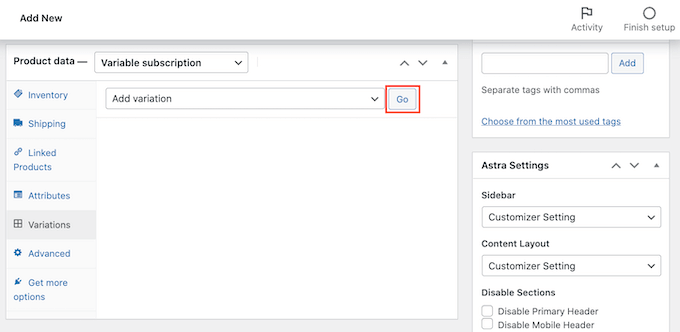 Adding variations in the WooCommerce settings