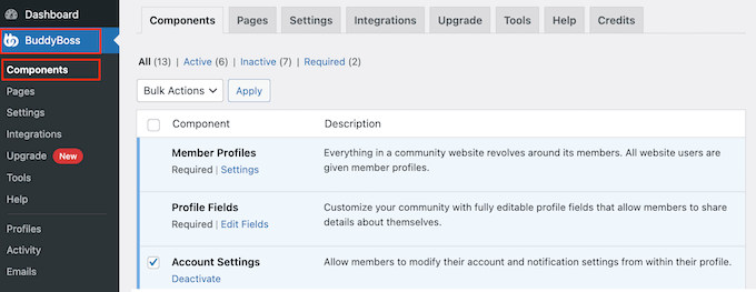 Activating various BuddyBoss components 