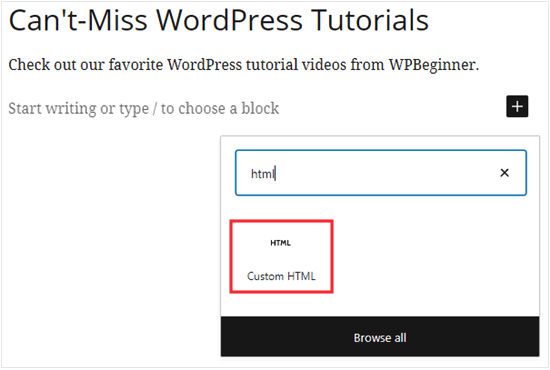 Adding a custom HTML block in WordPress