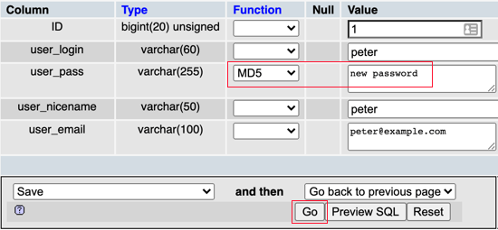 Select MD5 and Type Your New Password