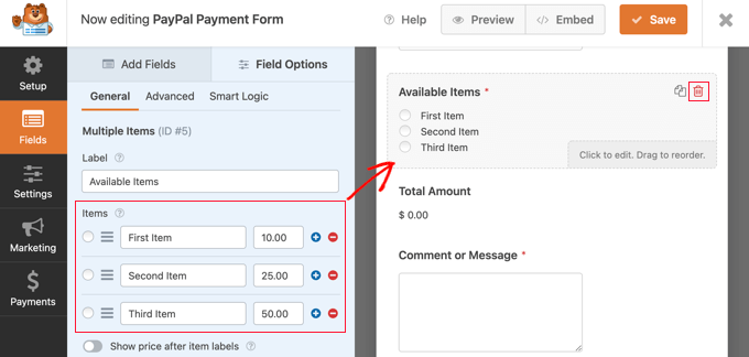 Customize the Multiple Items List