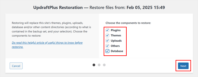 Choosing files to restore in UpdraftPlus