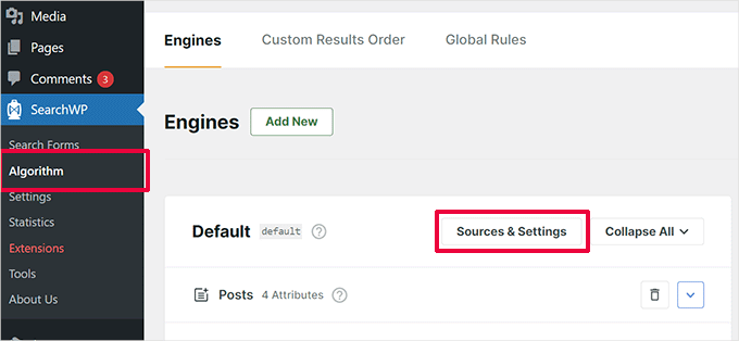 Search sources and settings