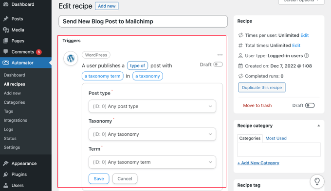 Selecting the Types of Posts That Will Trigger the Automation