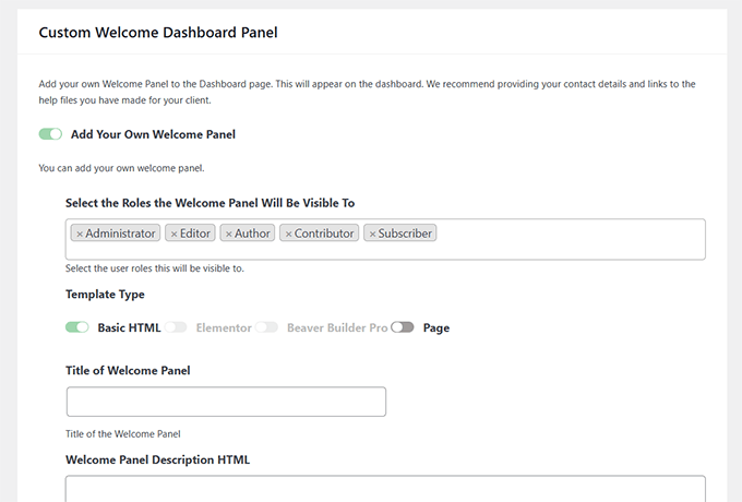 Create custom welcome panel