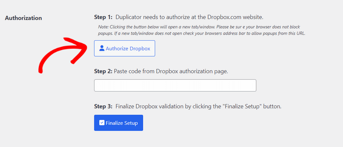 Authorize Dropbox to connect to Duplicator