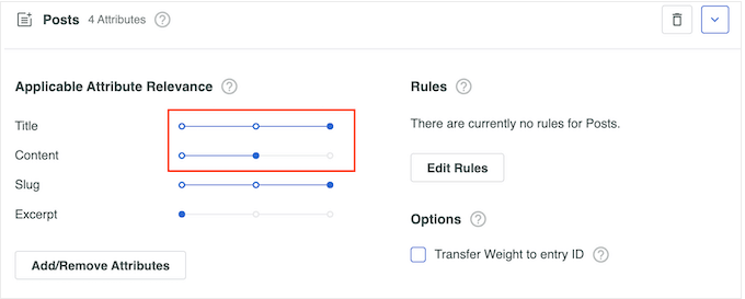 SearchWP's applicable relevancy sliders