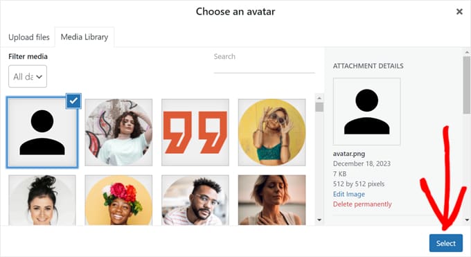 Selecting a gravatar image in the WordPress media library using Thrive Comments