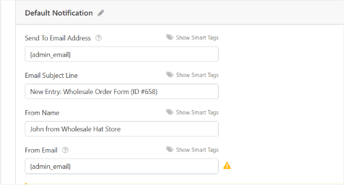 Default notification wpforms 