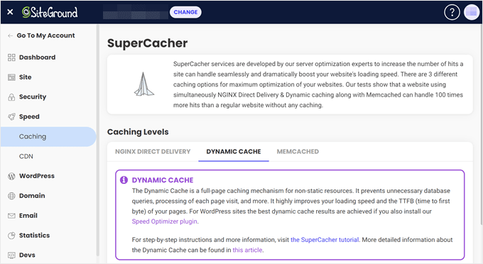 SiteGround's caching settings