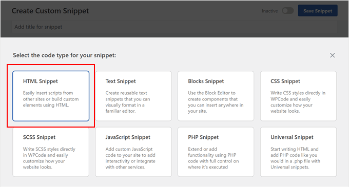 Choosing HTML in WPCode