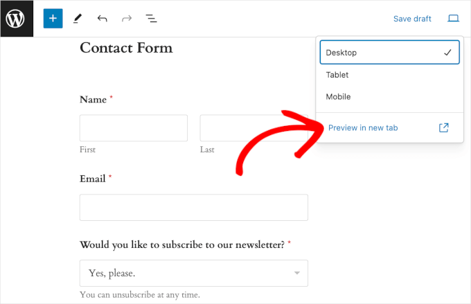 The Preview in new tab button on the WordPress block editor