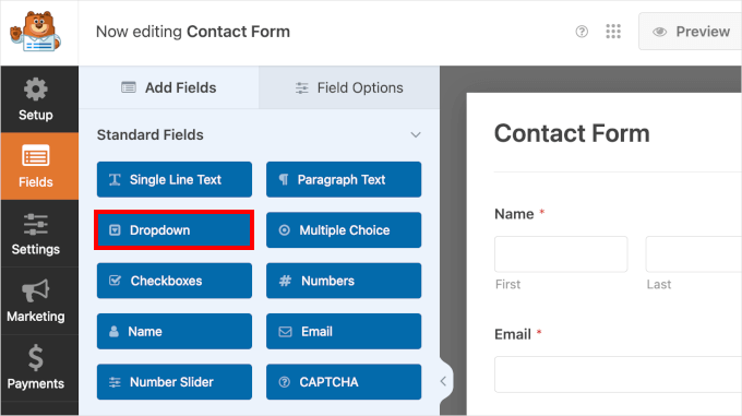 The Dropdown option in WPForm's Fields panel