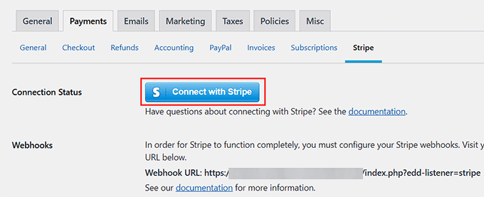 Click Connect With Stripe button