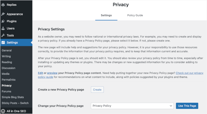 Privacy page in WordPress settings