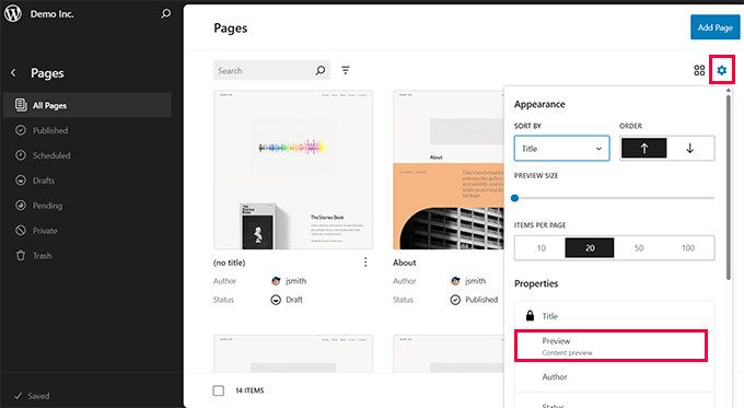 Pages grid showing content preview