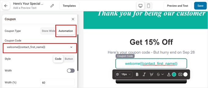 Changing the coupon type in Visual Builder