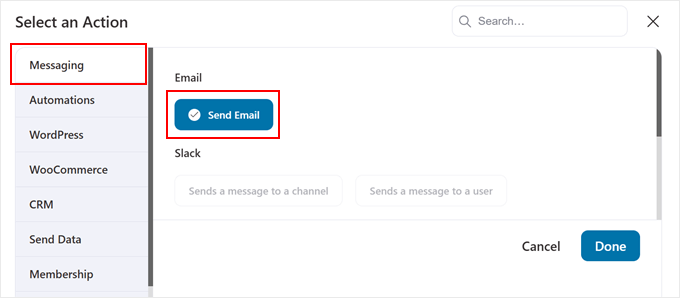 Choosing to create an email as an action for the FunnelKit automation workflow