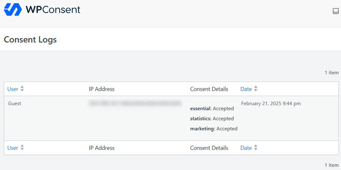 WPConsent's consent logs
