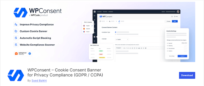 The free WPConsent WordPress compliance plugin