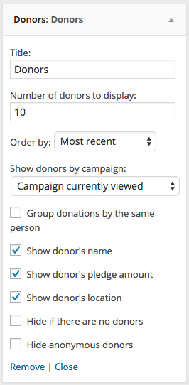 The Donors widget with Charitable Anonymous Donations enabled