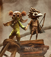 Little Nightmares III, In an underground dim, mystical setting, characters Alone and Low stand heroically on a pile of rubble with a dramatic, smoky background