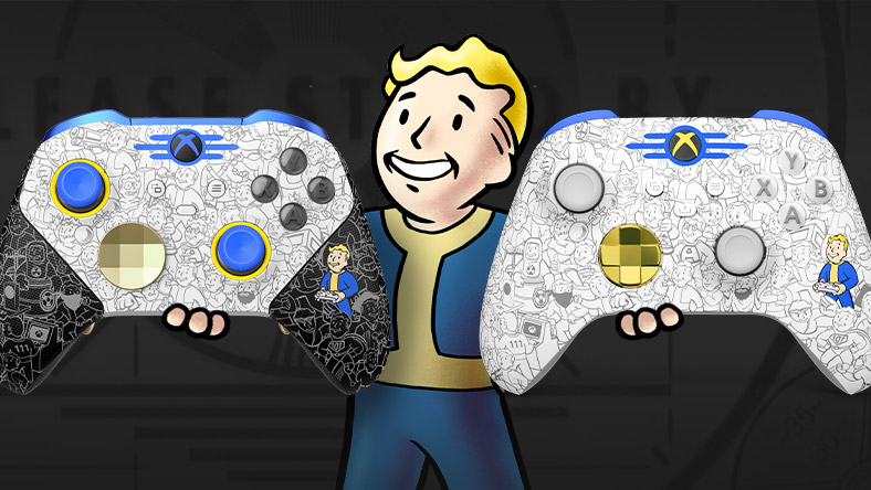 Vault Boy holds out an Xbox Wireless Controller &ndash; Fallout edition in his palm. A screen with the message 