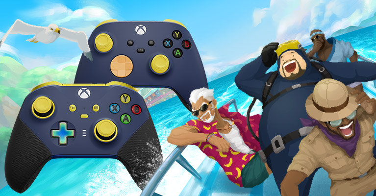Two customizable Xbox controllers above a speeding boat full of Dave, Cobra, Bancho, and Dr. Bacon.