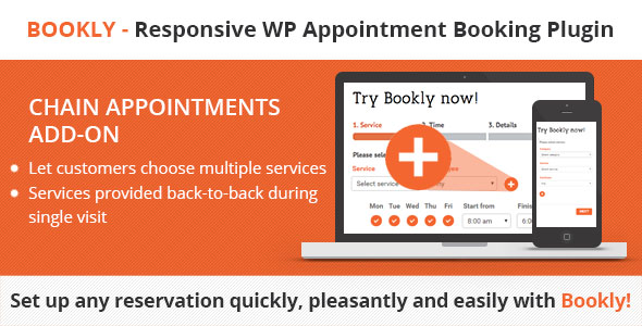 Important: This plugin is an add-on that requires the Bookly plugin. View Bookly page at Codecanyon. Let your clients book several services for single visit wit