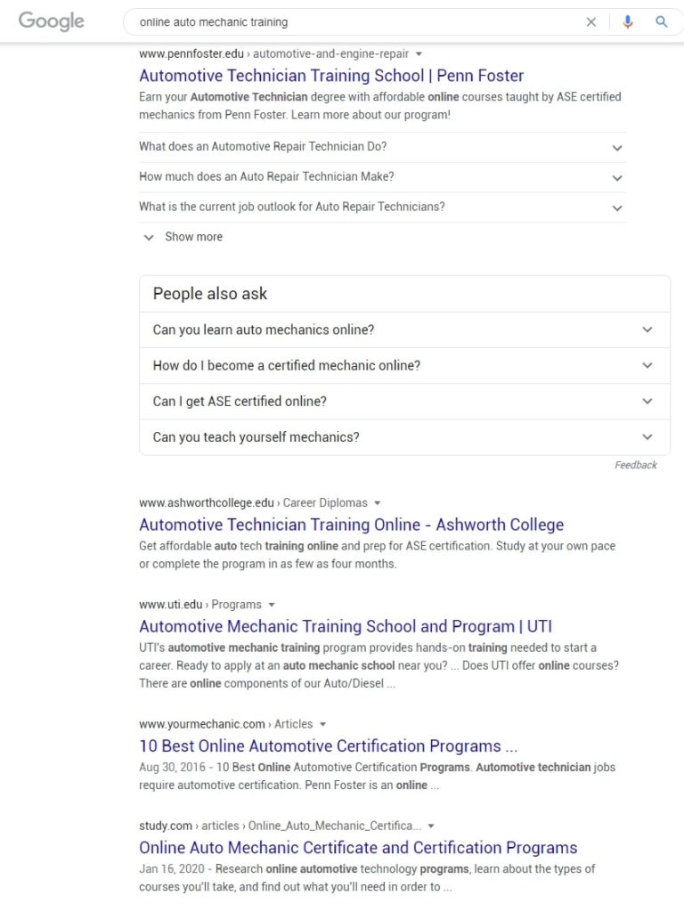 Google search results for the keywords "online auto mechanic training"