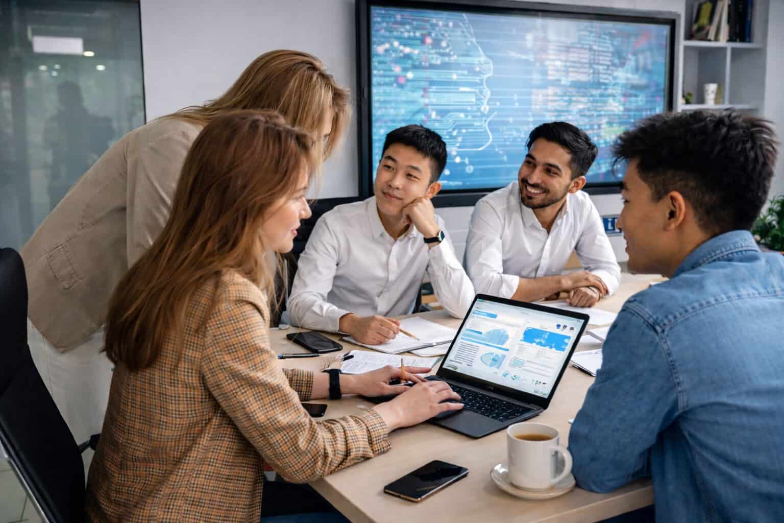 Team meeting reviewing website analytics on a laptop