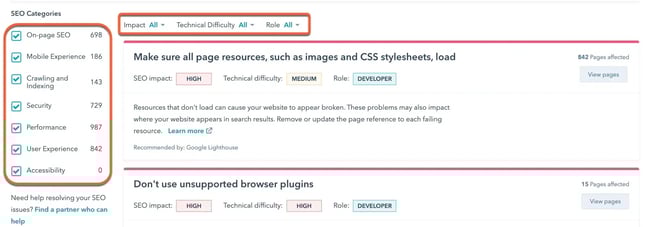 content hub enables filtering seo recommendations by categories and by role, impact, and technical difficulty