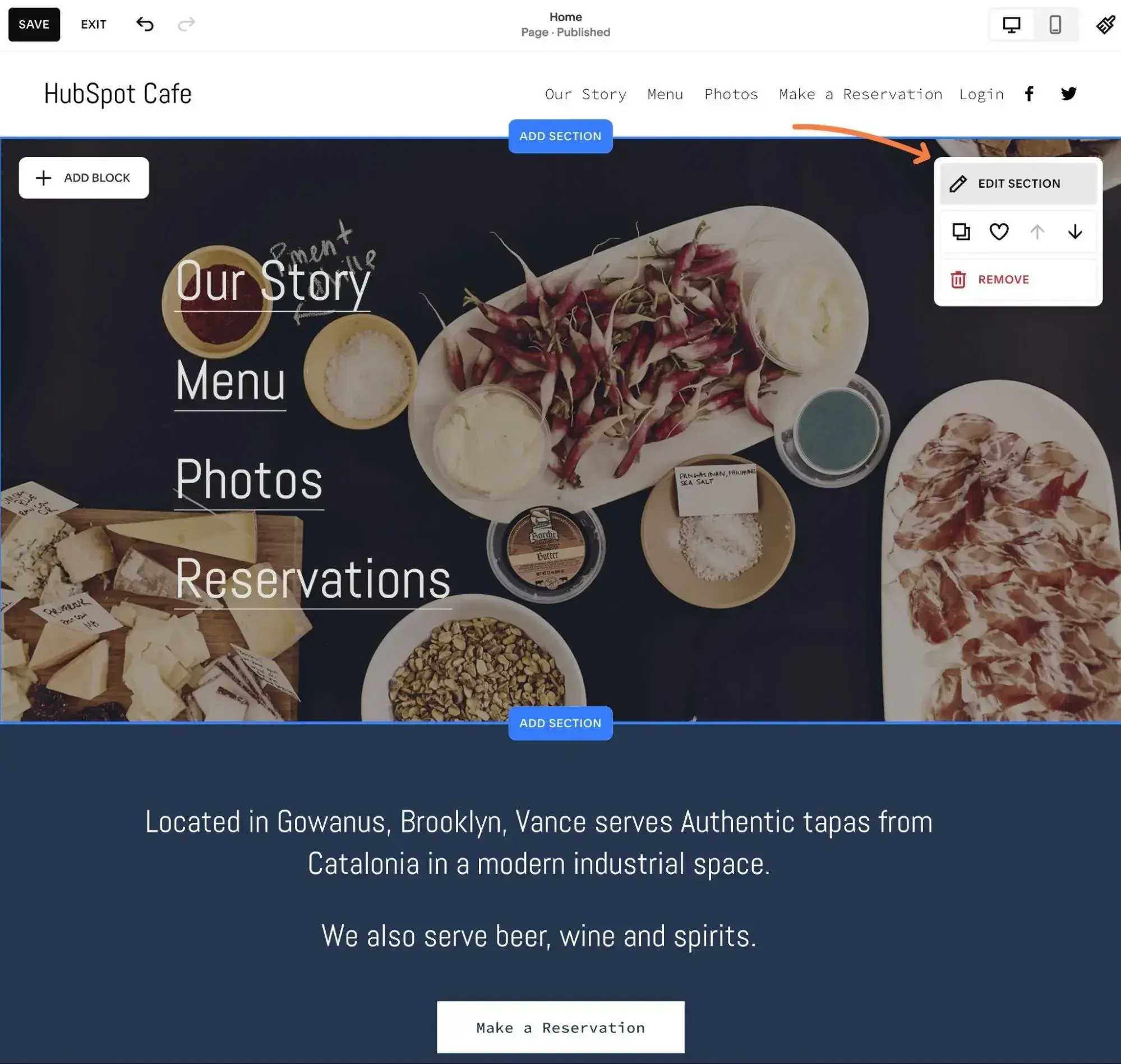 the drag-and-drop page builder interface in squarespace