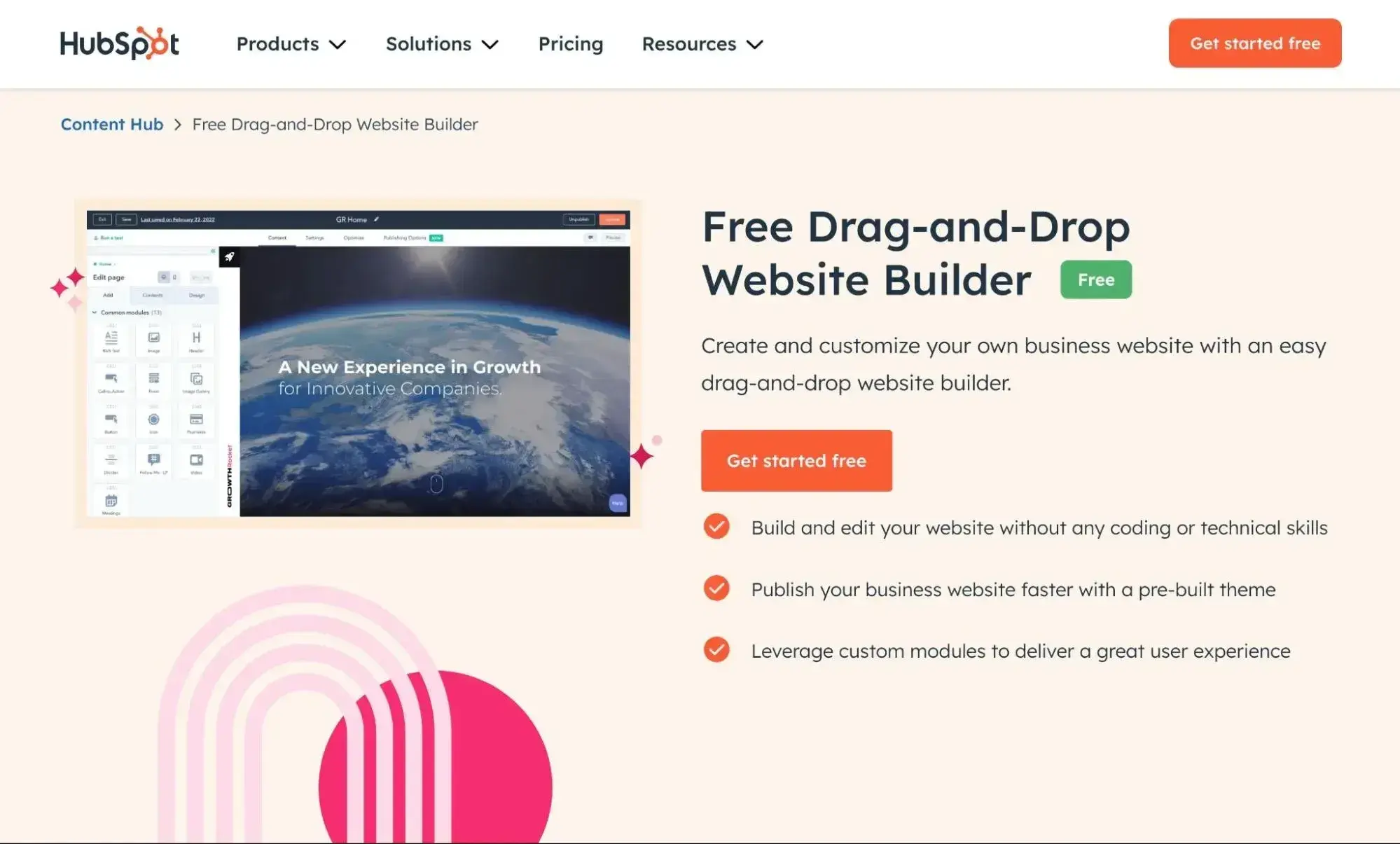 hubspot offers a free visual website builder.