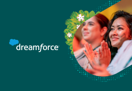 A picture of two women clapping at a conference next to a Dreamforce logo.