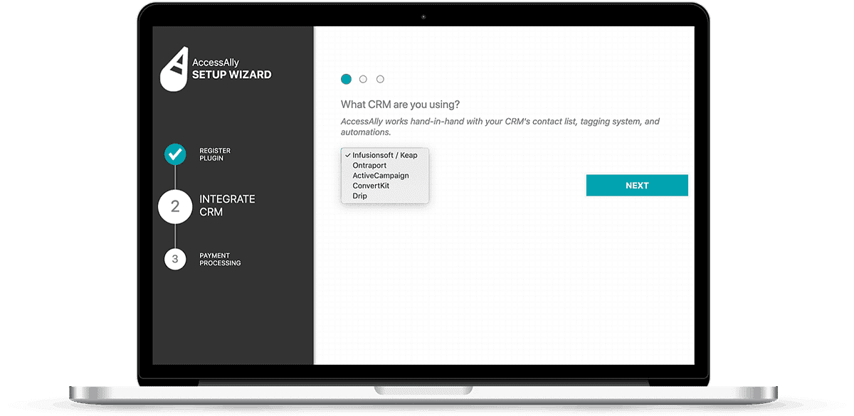 AccessAlly-Onboarding-Wizard - AccessAlly Laptop with a screenshot of the AccessAlly onboarding wizard with email marketing integration