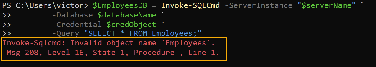 Getting an error from an incorrectly specified table name