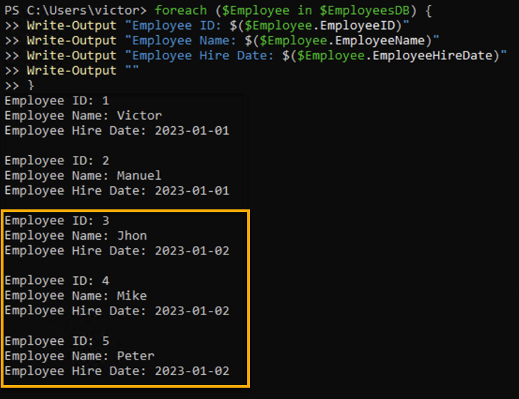 Querying data from the EmployeesDB table including inserted data from the .sql file