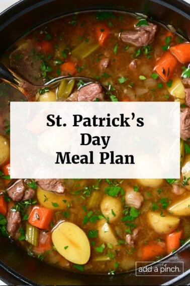 Hearty bowl of traditional Irish stew with tender beef, potatoes, carrots, and fresh parsley garnish, overlaid with text: St Patrick's Day Meal Plan.