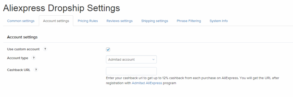 ali2woo settings admitad